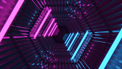 Abstract Corridor. Futuristic 3d render. Dark neon background. Pink and blue color. Technology backdrop. Sci-fi illustration