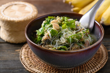Northern Thai food (Kang Pak Wan), Spicy local Thai vegetable soup with dry fish and glass noodles in a bowl, Local Thai food