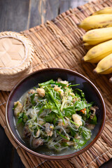 Northern Thai food (Kang Pak Wan), Spicy local Thai vegetable soup with dry fish and glass noodles in a bowl, Local Thai food