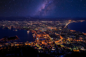 函館山の夜景と星空合成