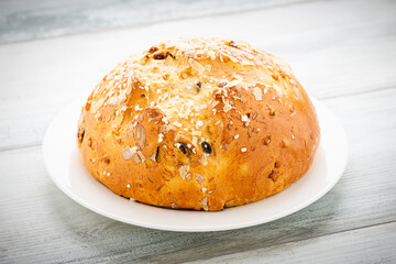 Easter bread (Osterbrot in German) with raisons, almonds and coarse sugar
