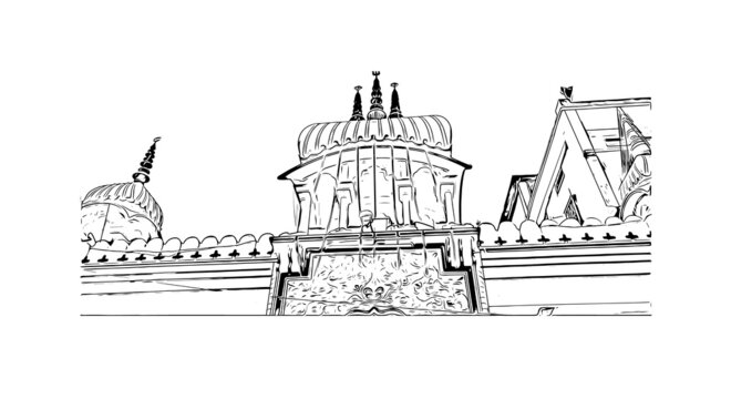 Building view with landmark of Dimapur is a city in  India. Hand drawn sketch illustration in vector.