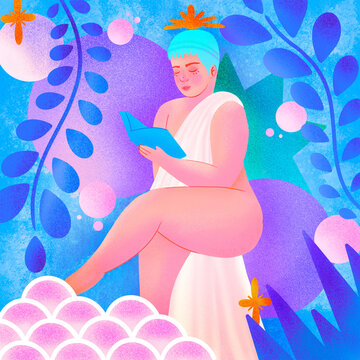 Portrait of beautiful woman while reading a book dressed as Greek goddess 