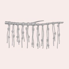 macrame. stick with ropes and knots. illustration. nodular letter kipu
