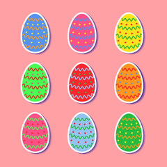 Set of Easter eggs stickers. Pastel colors icons with colorful patterns on pink background. Vector illustration