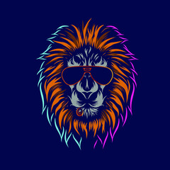 Lion head face vector silhouette line pop art potrait logo colorful design with dark background. Abstract vector illustration. 