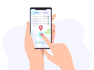 Female hand holding smartphone with city map on screen.