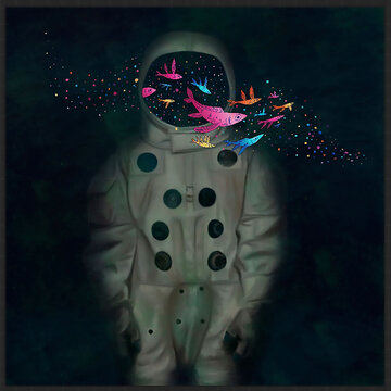 Astronaut submerged in the sea, person with diving suit under the sea while fish go through it 
