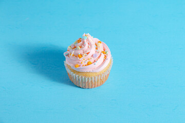 Pink frosted vanilla cupcakes with sprinkles on a bright blue background