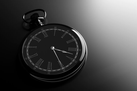3d illustration  of antique  black round clock on black isolated background. Stopwatch icon, logo. Chronometer, vintage timer