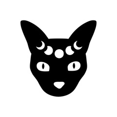 Mystical moon cat. Black celestial animal vector illustration. Esoteric concept with moon phases. Boho modern poster, card, magical t-shirt print. Simple feminine logo.
