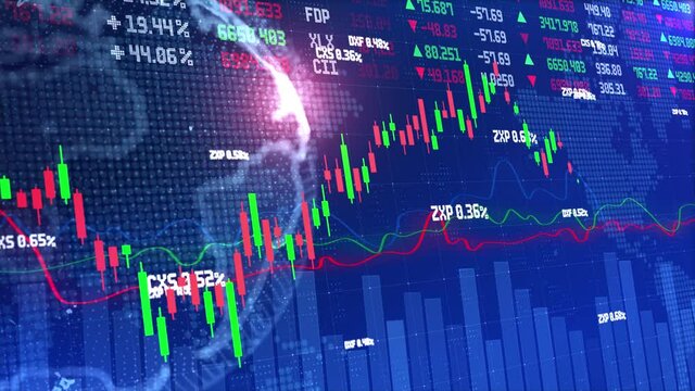 4K Business animation of a falling chart of a currency rate and economics decrease Background. Infographics with world statistics global data showing loss or global decline. finance motion background