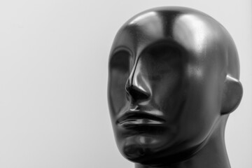 Head of a human mannequin. Half-face view. Smooth contours without details. Black plastic, glare.