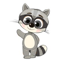 Little raccoon cub. Isolated object on a white background. Cheerful kind animal child. Cartoons flat style. Funny. Vector