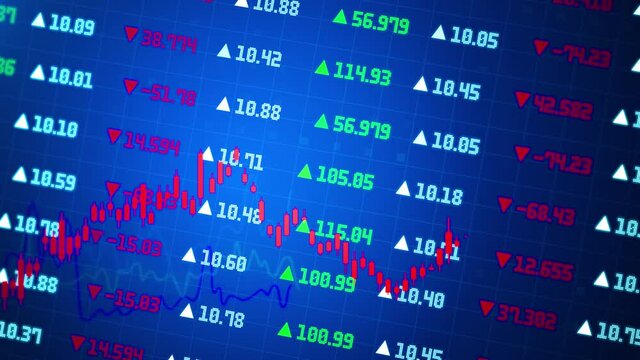 Background of stock market display with green, Red and blue stock market tickers and graphs, price going up and down at the stock exchange Table Animation. Finance business stock market growth.