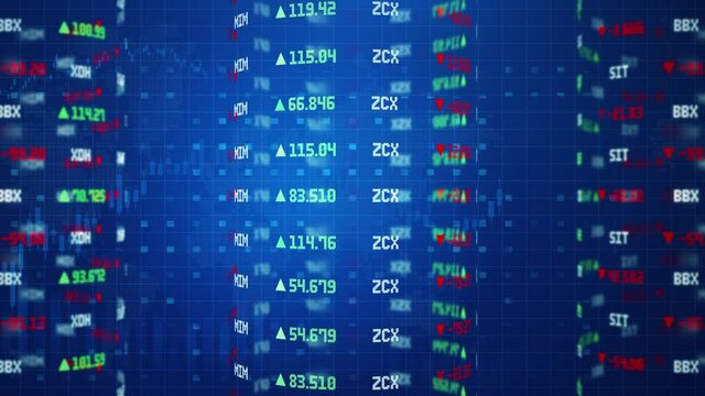 Abstract financial background with online stock market information Loop Background. Trading report for business concept. Stock Market Values tableau scrolling down with companies indexes evolving