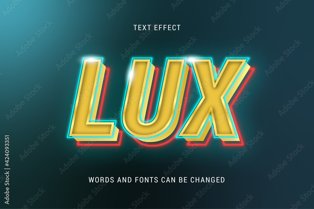 Wall mural shining golden lux text effect with blue and red neon glowing colours isolated. 100% editable vector