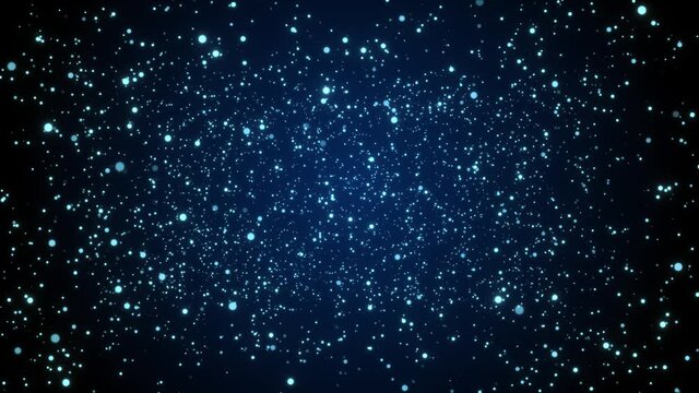 Natural Organic Dust Particles Floating On Black Loop Background. Dynamic Dust Particles Randomly Float In Space With Fast And Slow Motion. Shimmering Glittering White Particles With Bokeh In The Air.