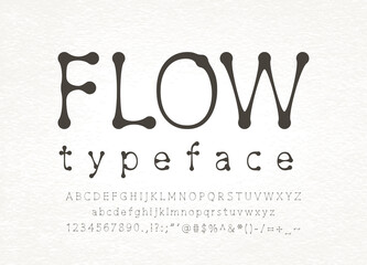 Flow font witn uppercase and lowercase letters in alphabet order and symbols and numbers isolated on light background