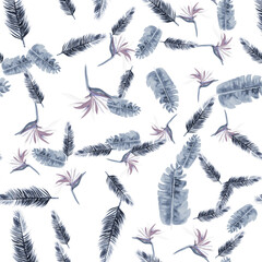 Cobalt Pattern Exotic. Navy Tropical Exotic. Indigo Floral Leaves. Blue Flora Foliage. Azure Decoration Foliage. Gray Wallpaper Botanical. White Spring Palm.