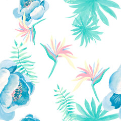 Navy Tropical Foliage. White Seamless Plant. Cobalt Pattern Exotic. Indigo Drawing Art. Gray Floral Exotic. Blue Decoration Plant. Wallpaper Exotic.