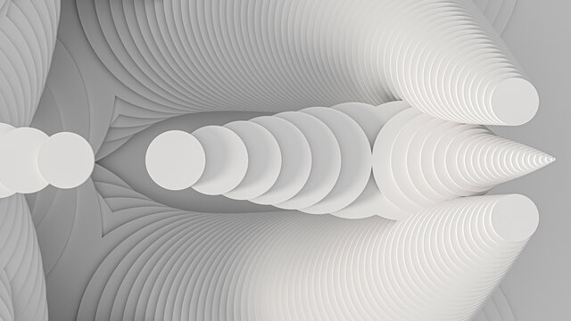 Abstract creative modern parametric white light 3D three-dimensional background. A complex geometric rounded volume cut into many parts forming steps. 3d illustration © ParamePrizma
