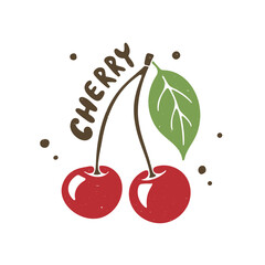 Colorful cherry illustration with hand drawn lettering isolated on transparent background. Cherries on a branch with a leaf