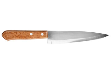 Steel knife with brown wooden handle on white background isolated close up, big chef knife, sharp stainless blade, silver metal butcher knife, kitchen utensil, cutting tool, dangerous weapon