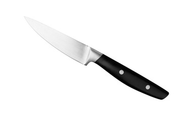 Steel paring knife with black plastic handle on white background isolated closeup, metal chef...