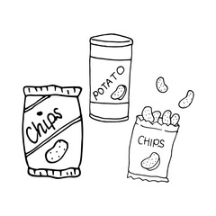 set of potato chips isolated on white background. chips in the plastic bag and can. salty snack. crunchy slice potato. hand drawn vector. doodle art for logo, brand, label, coloring, poster, advert. 