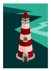 Lighthouse building on an island. Simple flat illustration