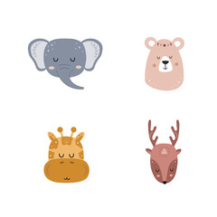 Set of boho animals. Cute hand drawn elephant, giraffe, bear, deer. Characters for nursery posters, cards, home decor, wallpaper. Vector illustration in flat cartoon style.