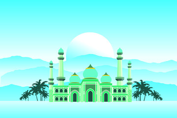 The mosque building with a beautiful mountainous background at sunrise welcomes the Islamic holidays