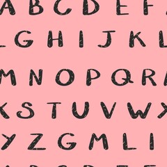 Seamless Pattern with English hand drawn letters, alphabet. Pink background. Vector illustration. Paper, textile design. Use for childish cloves and accessories. 