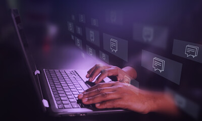 hand typing on keyboard laptop, Live Chat Chatting on application Communication Digital Web and social network Concept