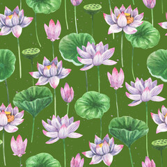 Artistic seamless patterns with watercolor painted lotus flowers and leaves for fabric and other design use.