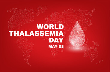 World Thalassemia Day concept. Banner template with text, glowing low poly  blood drop and map. Isolated on red background. Vector illustration..
