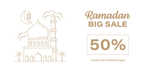 Ramadan kareem big discount banner shopping line art vector design template, mosque, moon, lantern