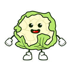 Illustration with funny character. Funny and healthy food. Vitamins contained in cauliflower. Food with cute face. Vector cartoon.
