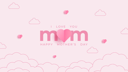 Fototapeta na wymiar Mother postcard with paper flying elements on pink background. Vector symbols of love in shape of heart for Happy Mother's Day greeting card design.