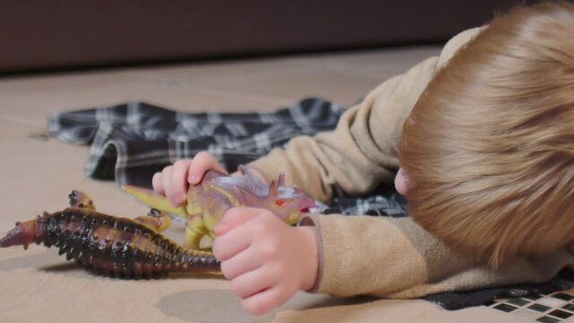 Little boy lays on floor and plays with toy dinosaurs at home