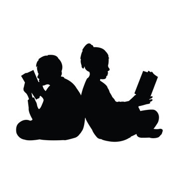 children reading book, silhouette vector