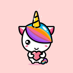 vector design of cute cartoon unicorn hugging a heart