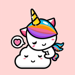 vector design of cute cartoon unicorn hugging a cloud