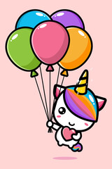 vector design of cute cartoon unicorn flying with balloon