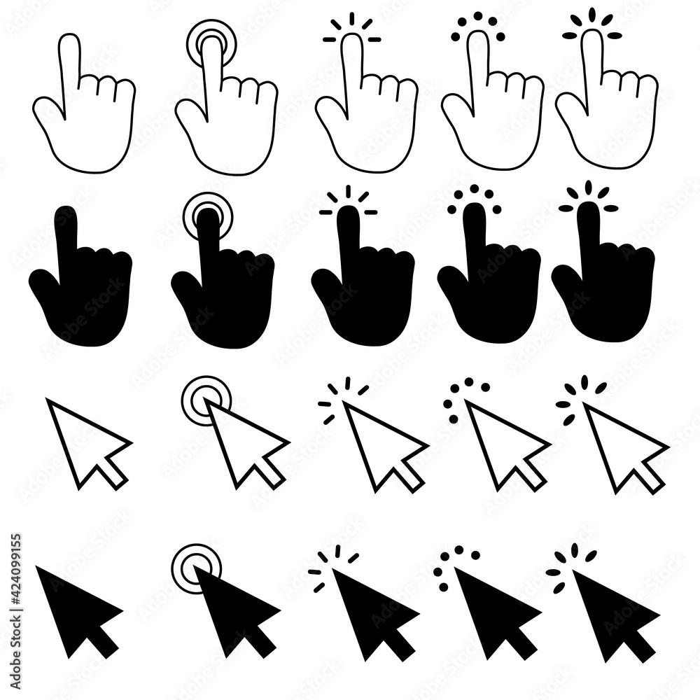 Aufkleber set of pointer cursor сomputer mouse icons on white background. hand and arrow touch click sign. pointer cursor сomputer mouse symbol. flat style.