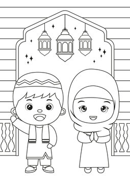 colouring page of moslem children dressed in ramadan clothes