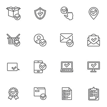 Approval and confirmation line icons set