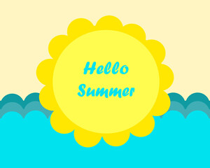 Greeting card with big hot sun and blue sea.