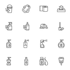 Cleaning and disinfection line icons set